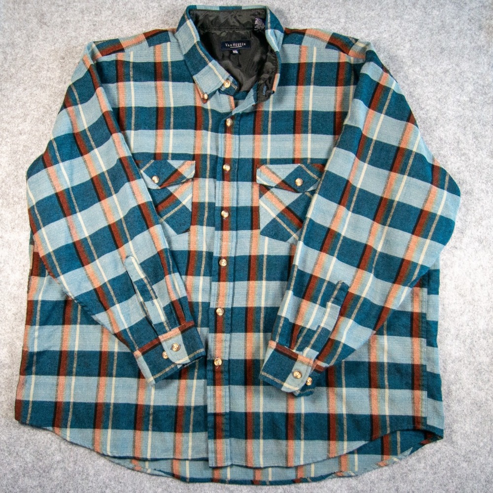 Van Heusen Flannel Shirt Men's XXL Blue Orange Plaid